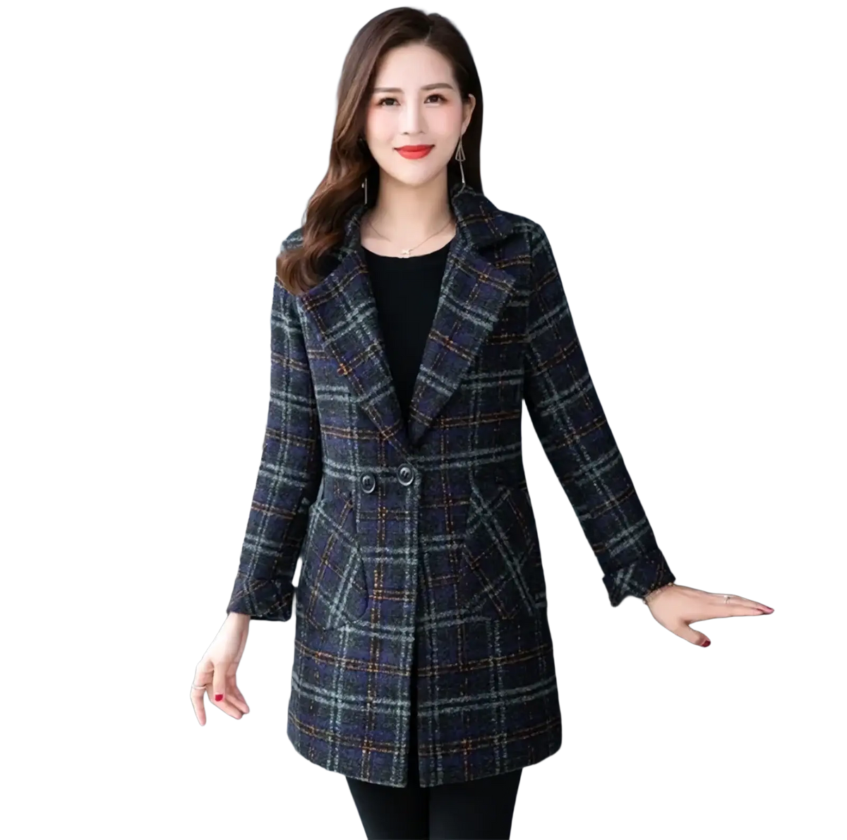 Women plaid wool coat winter jacket with dark blue and gray double-breasted front for cold weather wear