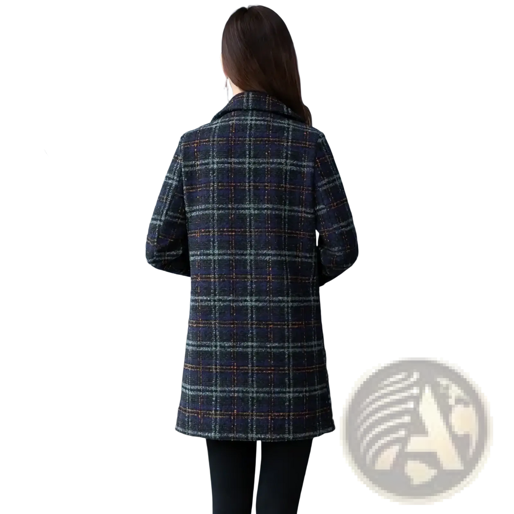 Women plaid wool coat winter jacket in dark navy with subtle green and gold threading and a tailored fit