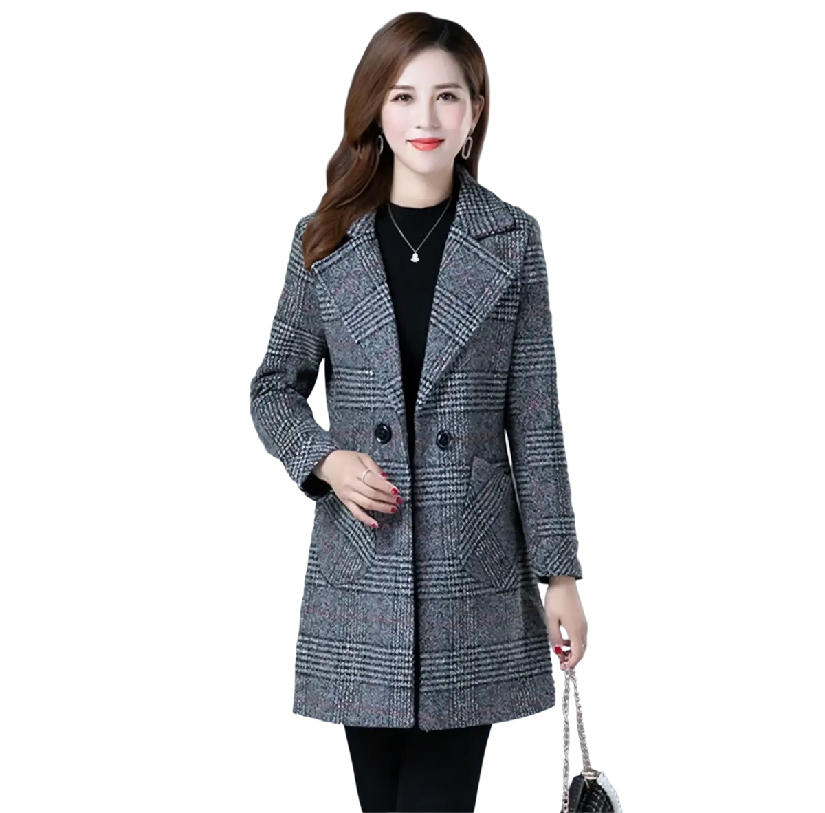 Gray plaid wool coat for women featuring a double-breasted front and notched lapels winter jacket