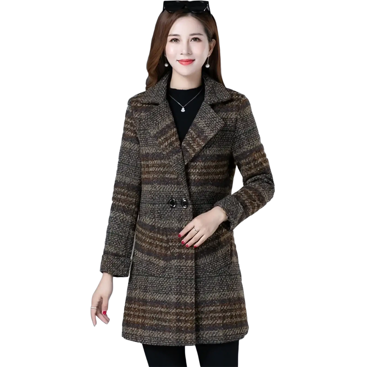 A stylish brown and beige plaid wool women plaid wool coat with a classic double-breasted design for winter