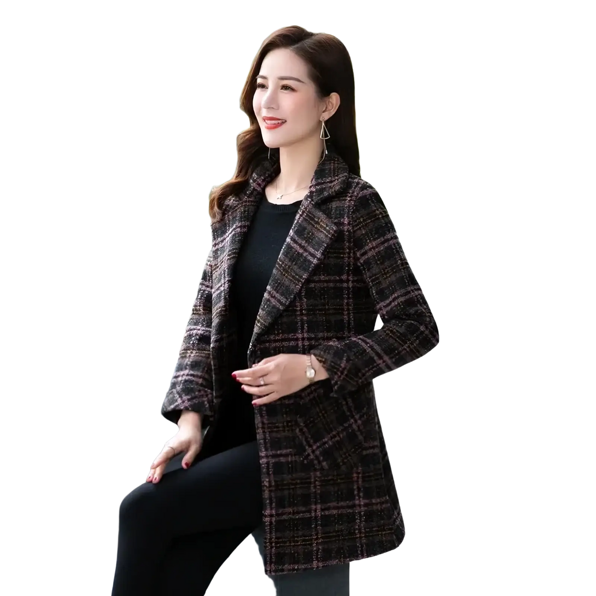 A stylish women plaid wool coat in dark brown and black textured tweed fabric suitable for winter wear