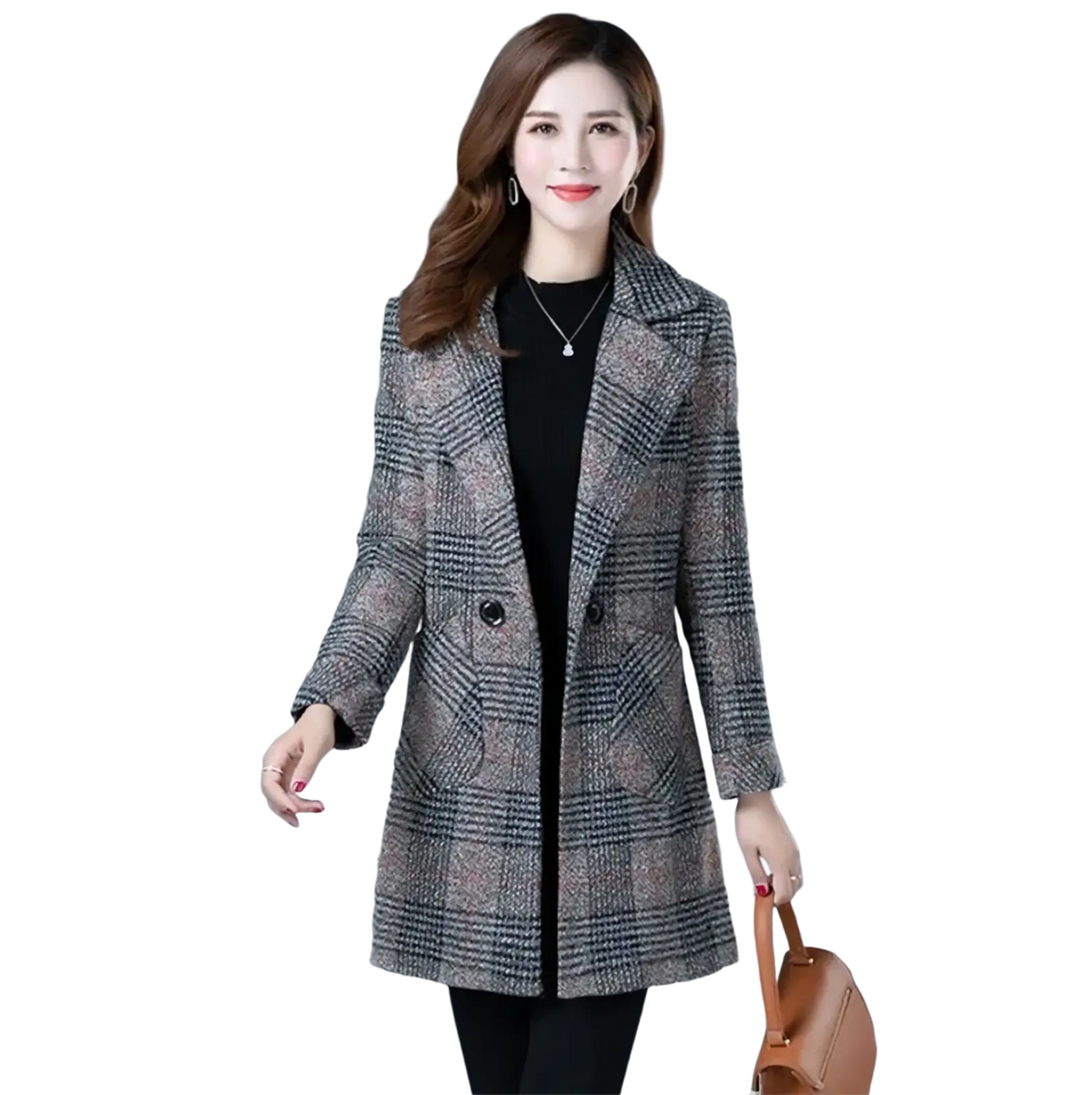 A women plaid wool coat winter jacket with double-breasted detailing in gray and black textured wool blend fabric