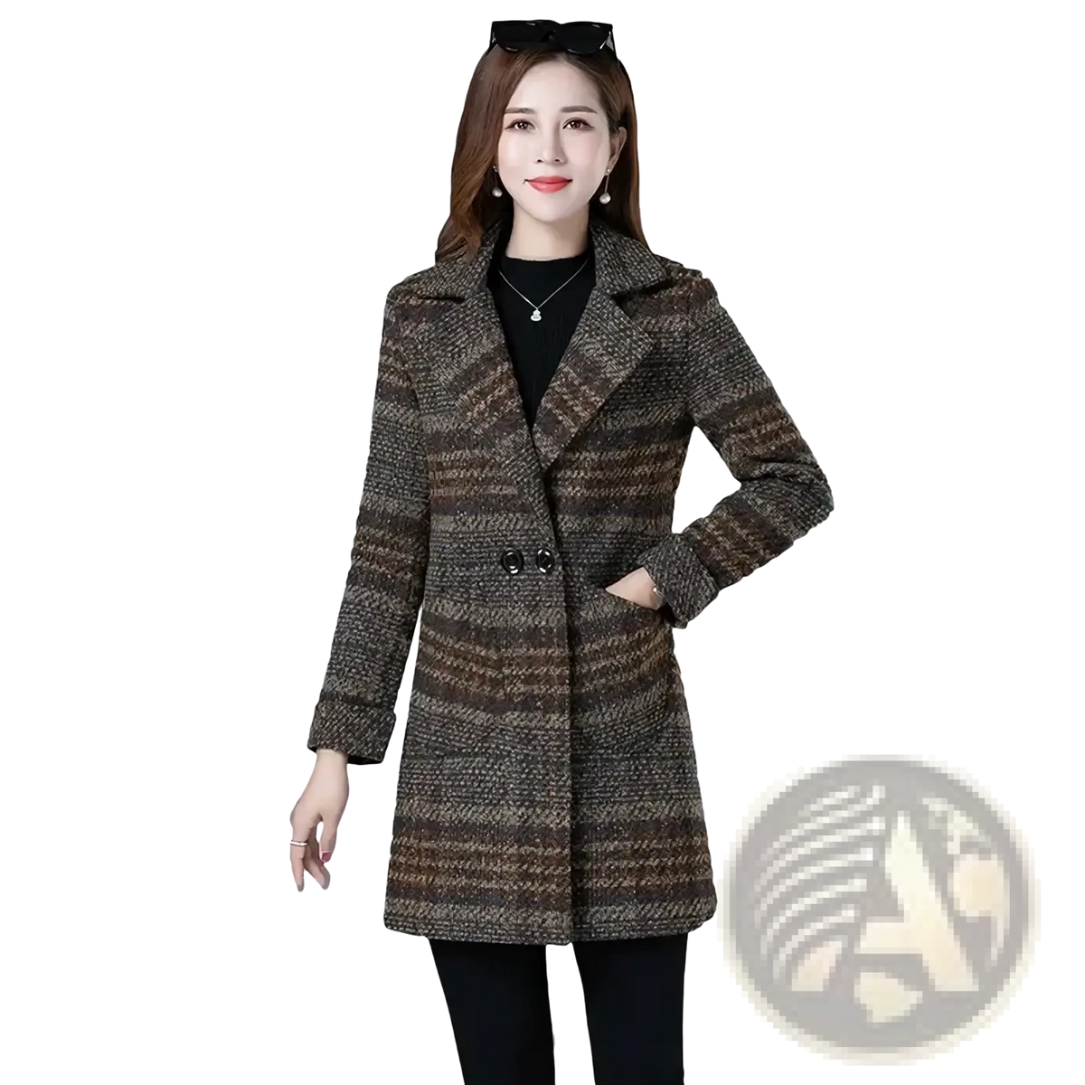 A women plaid wool coat winter jacket in textured tweed fabric with brown beige and dark gray horizontal stripes