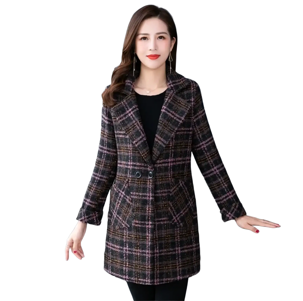 A stylish women plaid wool coat winter jacket in dark brown and muted purple textured double-breasted fabric