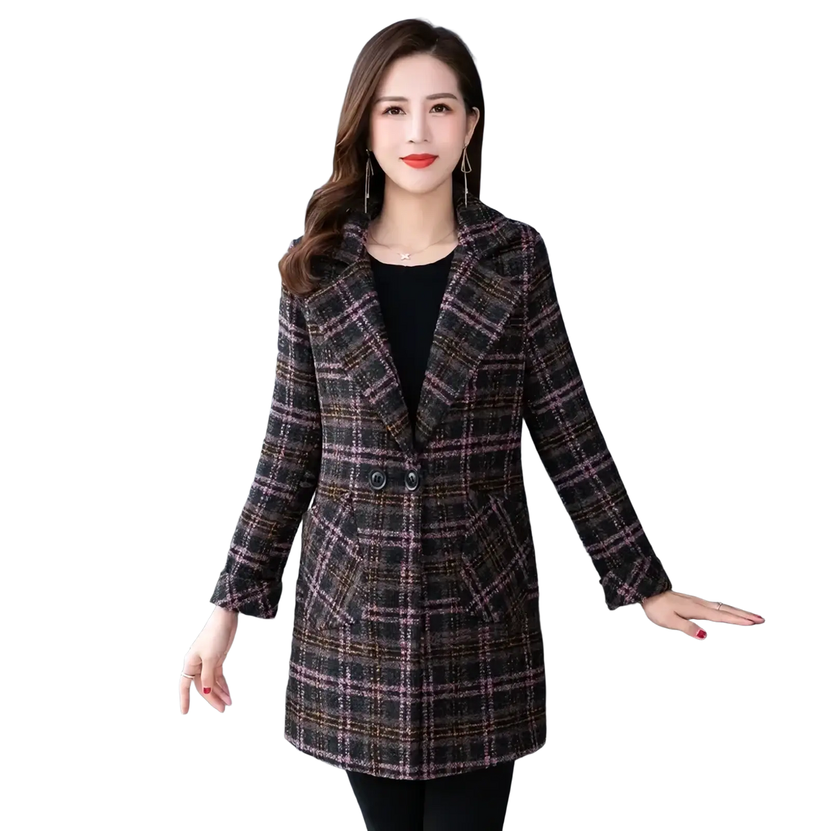 A women plaid wool coat winter jacket in dark brown and muted pink tweed with notched lapels and double buttons