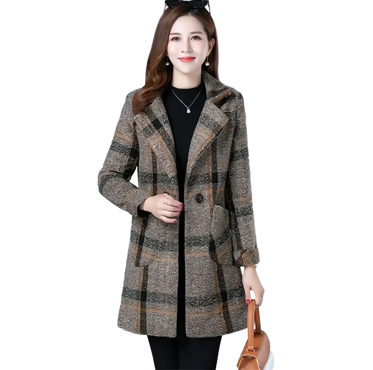 A stylish women plaid wool coat in textured tweed fabric with earthy brown black and beige tones for winter use