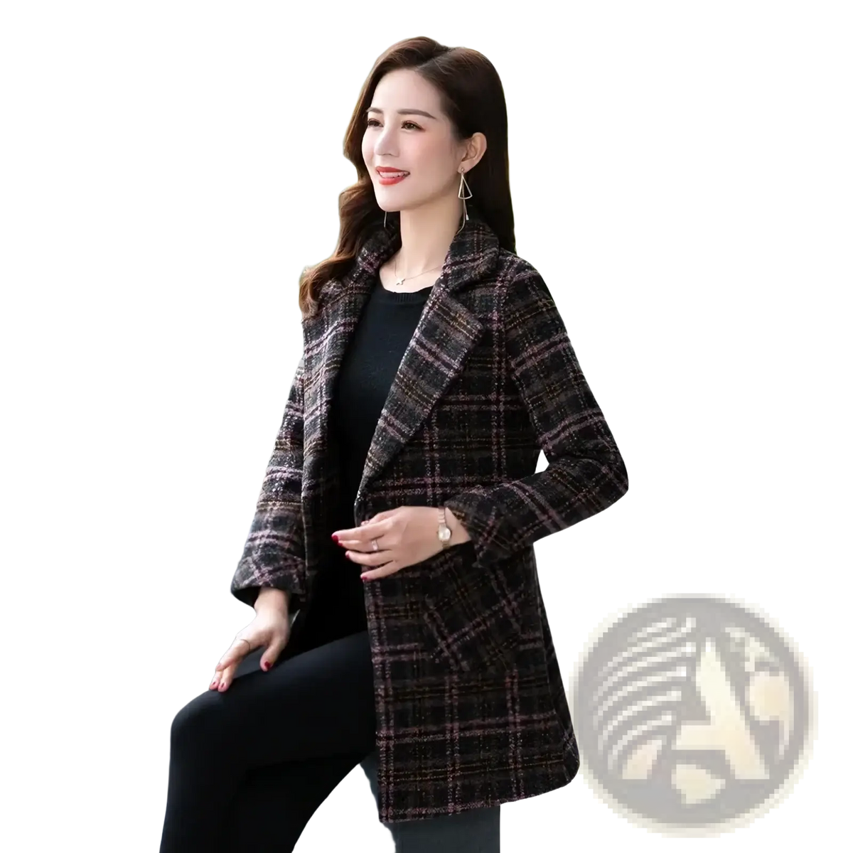 A stylish women plaid wool coat in dark brown and black textured tweed fabric suitable for winter wear