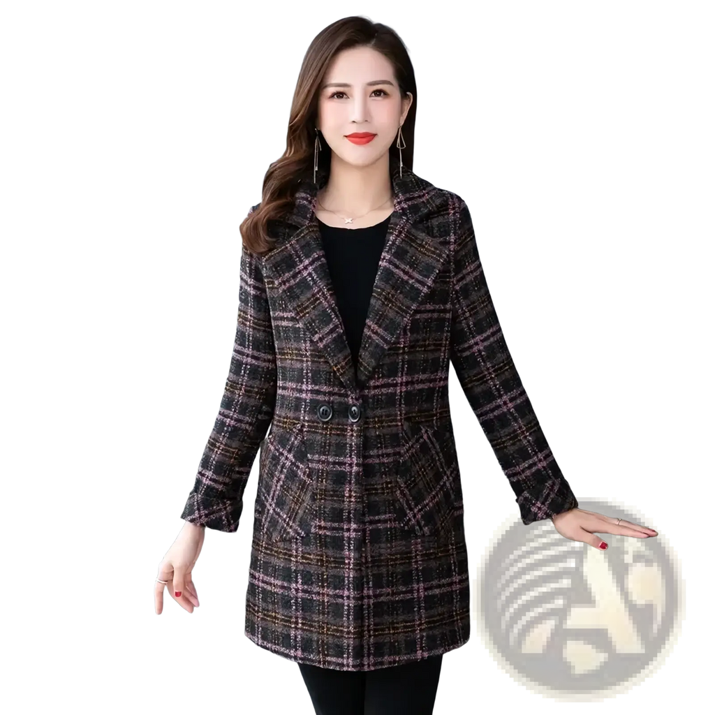 A women plaid wool coat winter jacket in dark brown and muted pink tweed with notched lapels and double buttons