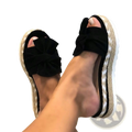 Women platform bow espadrille slide sandals in black velvet with woven sole and white rubber edge