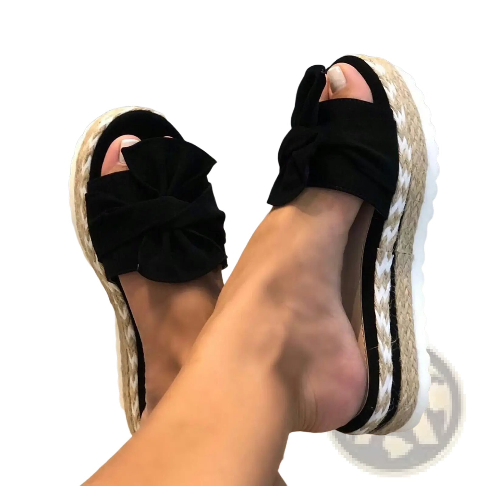 Women platform bow espadrille slide sandals in black velvet with woven sole and white rubber edge