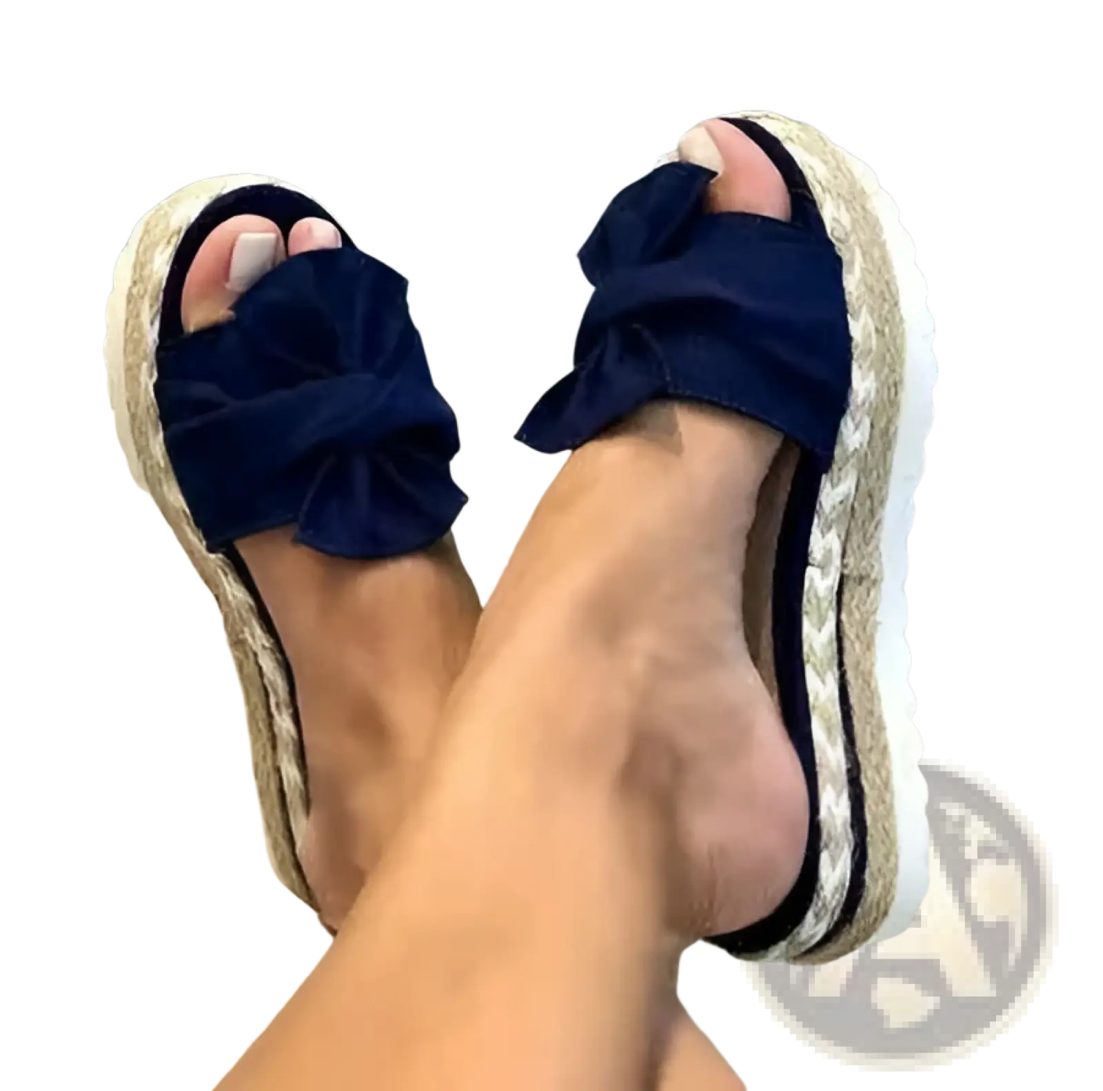 Women platform bow espadrille slide sandals in navy blue velvet with woven espadrille soles for casual wear