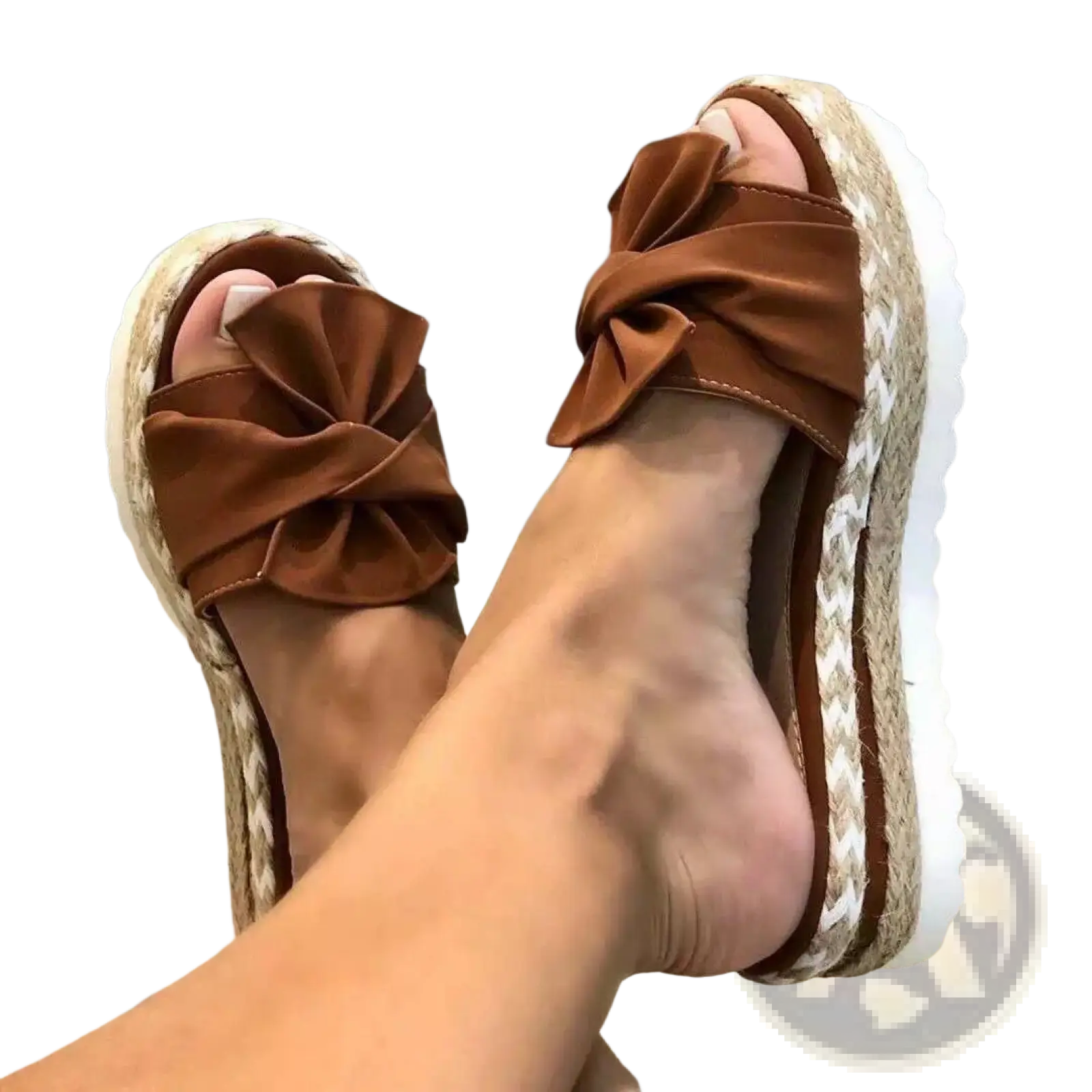 Women platform bow espadrille slide sandals in brown suede with woven sole and white rubber heel visible from the back