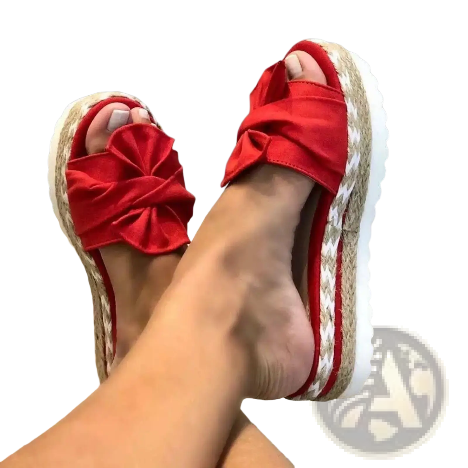 Women platform espadrille slide sandals featuring a red fabric bow and a white beige woven sole