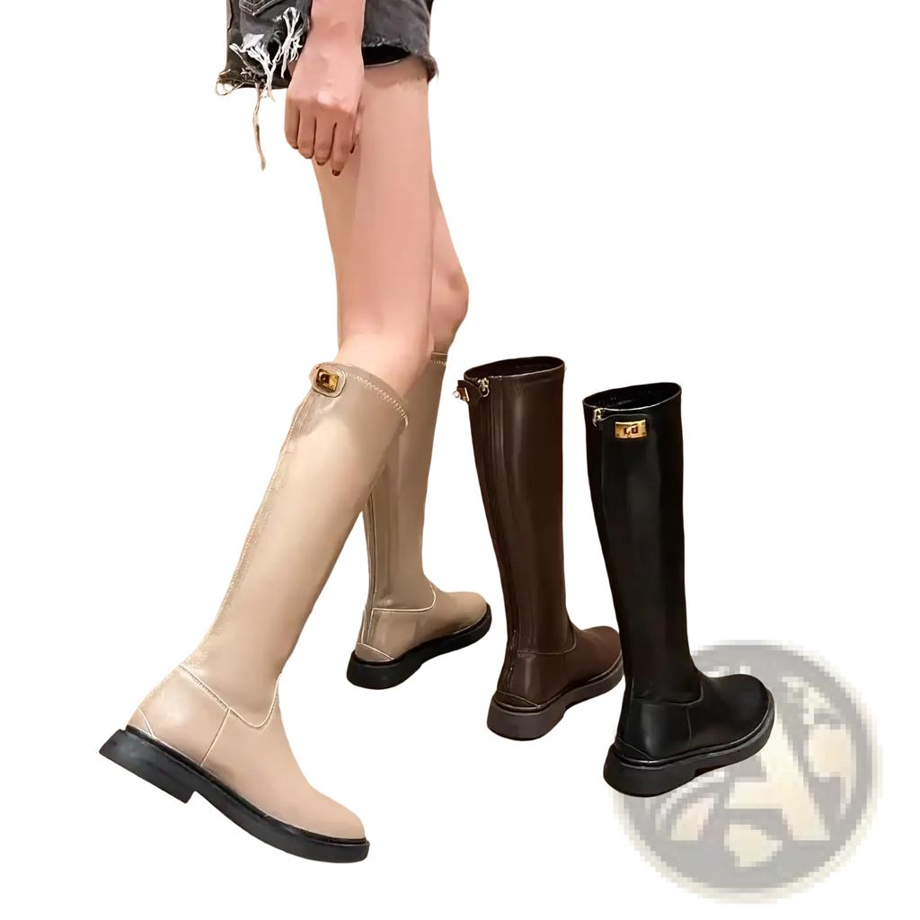 Women platform knee high boots in beige brown and black glossy leather with gold tone metal buckles