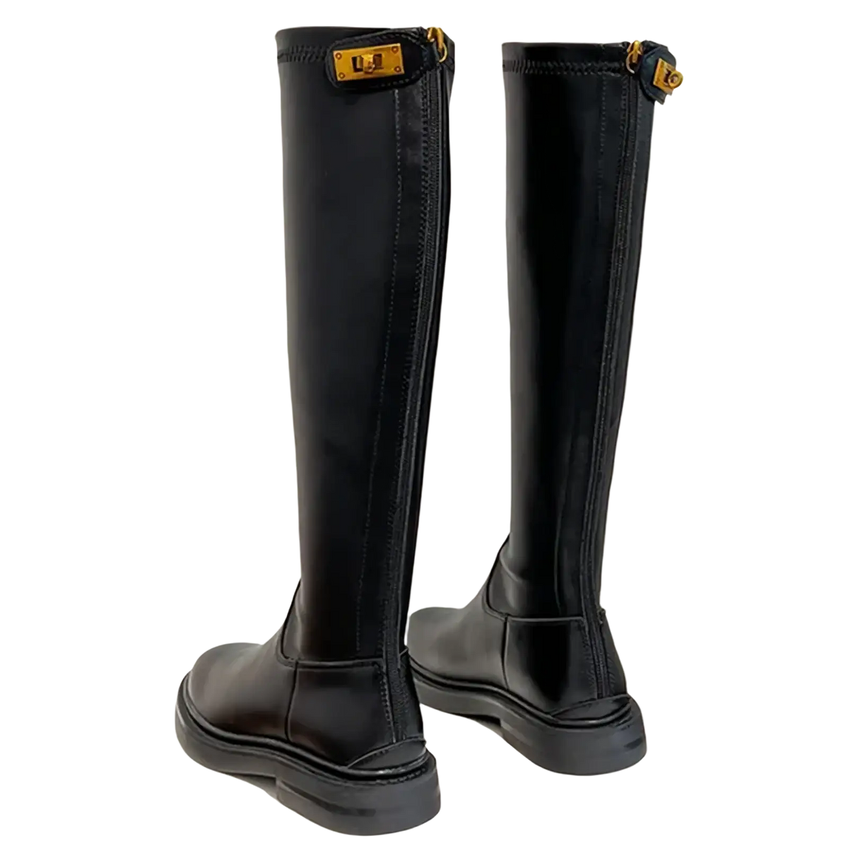 Women platform knee high boots in black leather with glossy finish and gold-tone zippers and hardware accents