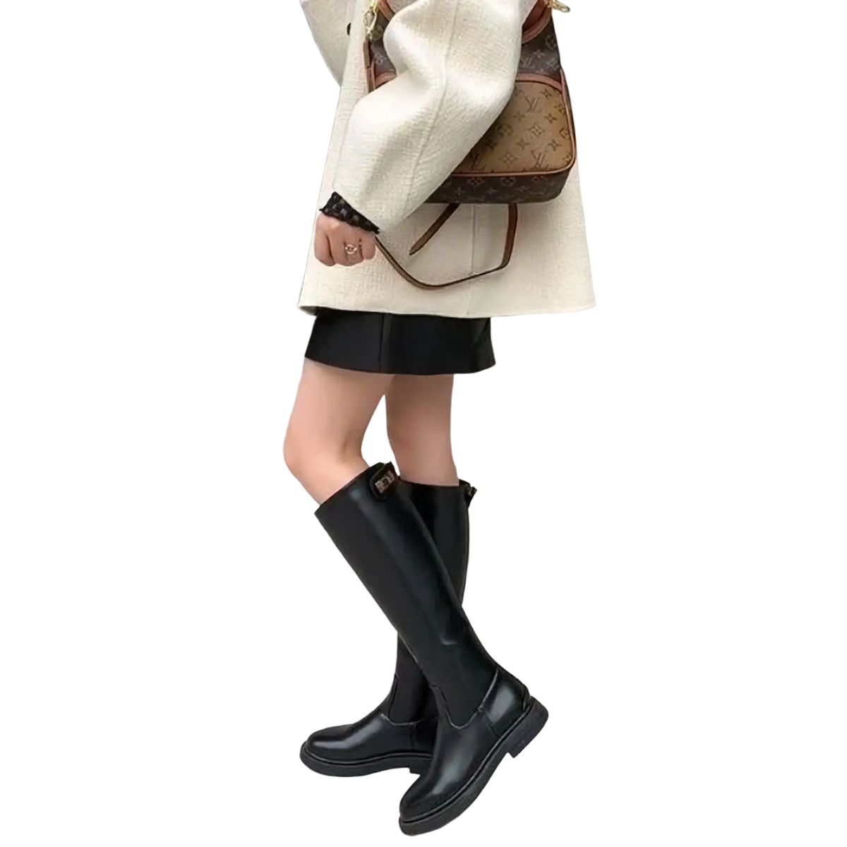 Black leather knee high boots with chunky sole and elastic side panels for women platform style