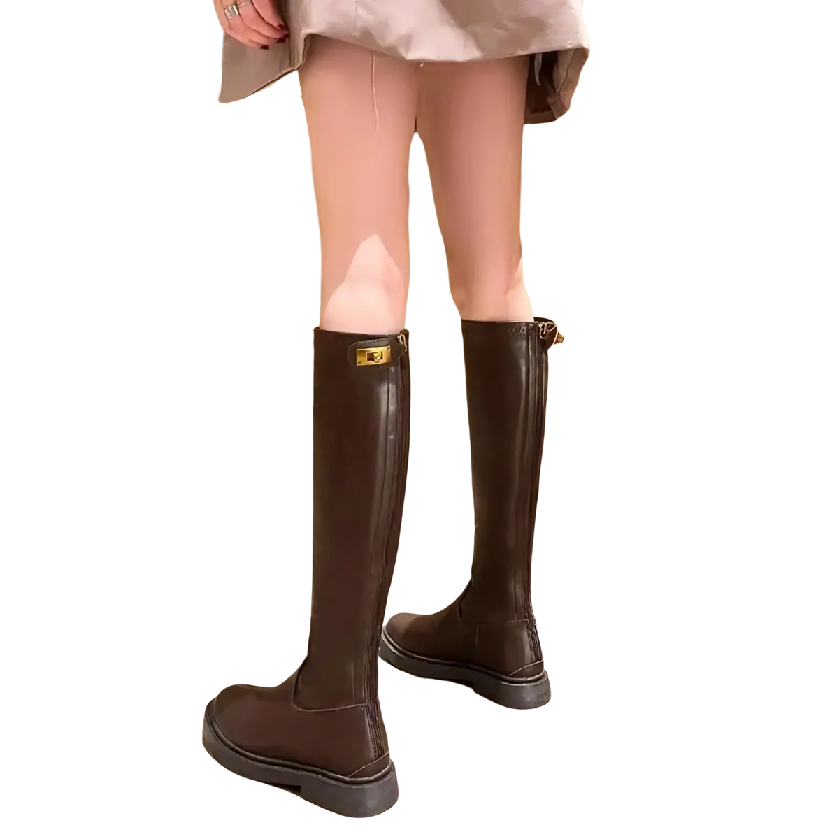 Women platform knee high boots in dark brown leather with chunky sole and gold-tone zipper pull