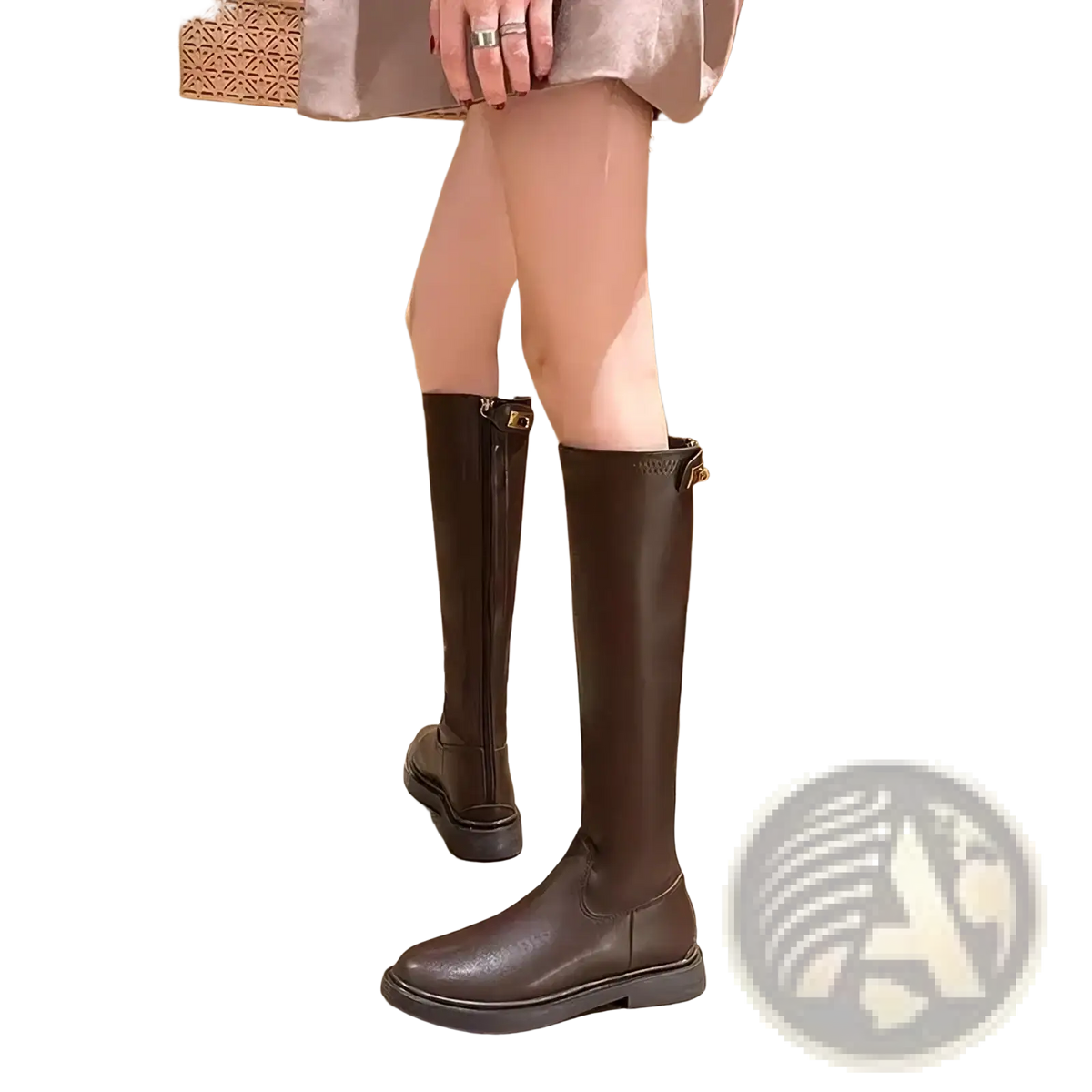 Women platform knee high boots in dark brown leather with chunky sole and gold tone zipper details