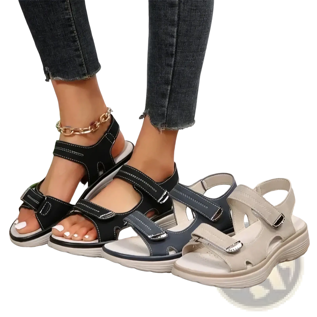 Women platform sandals in black navy blue and beige with adjustable velcro straps and chunky soles for casual beach wear