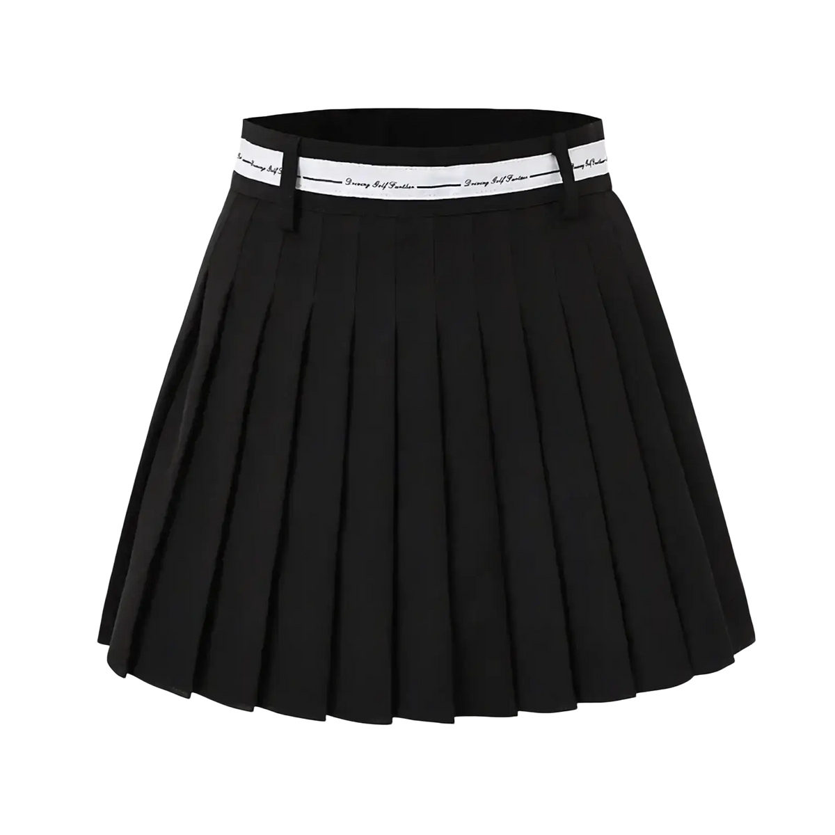 Black pleated athletic skort with high waist and white waistband featuring repeating text for women golfwear