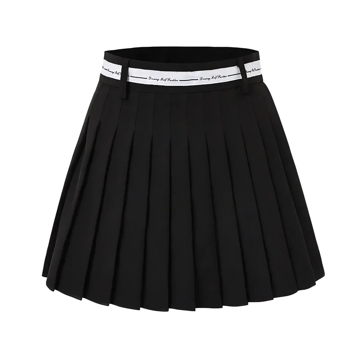 Black pleated athletic skort with white waistband featuring black text high waist golf skirt for women