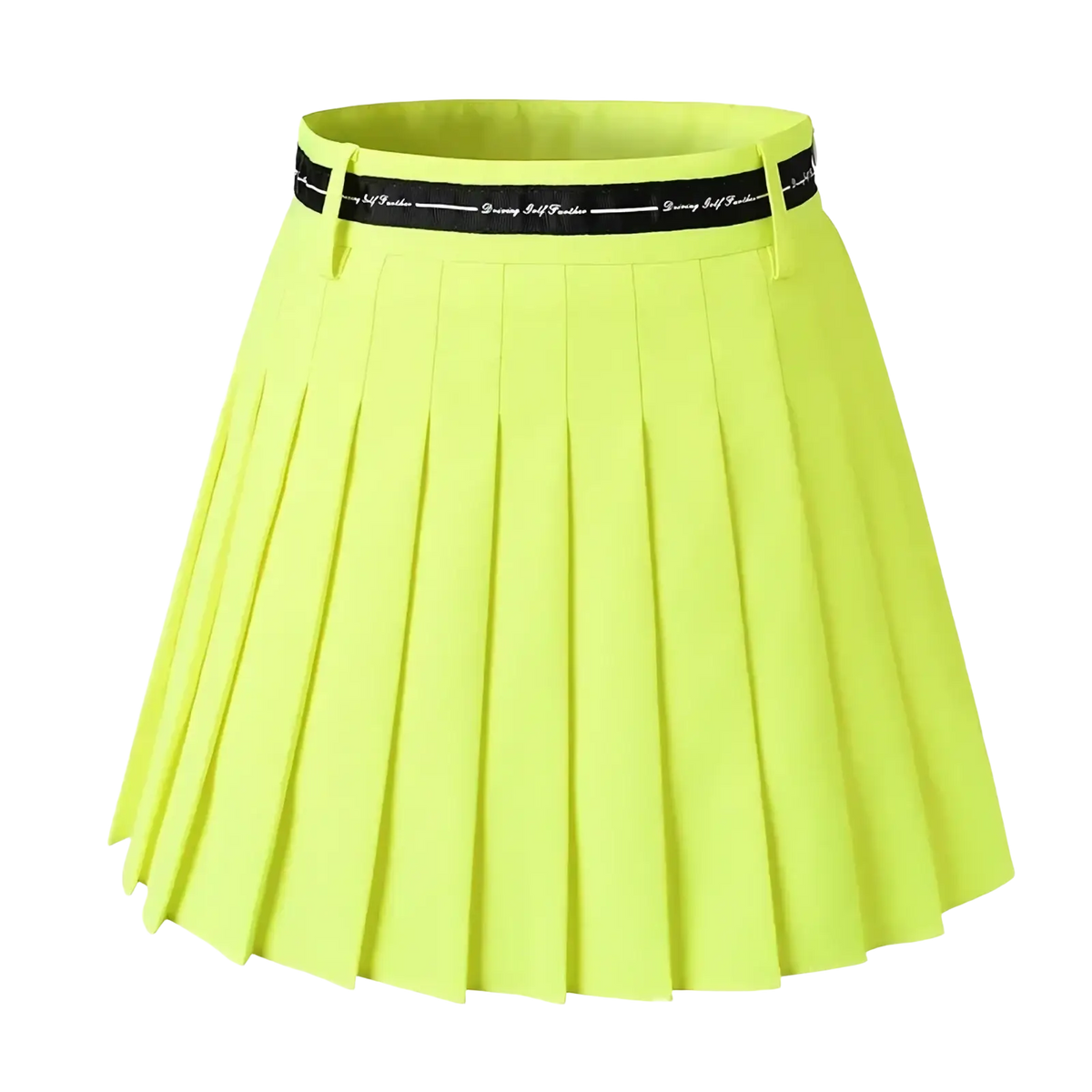 Bright lime green pleated high waist women pleated athletic skort with black waistband featuring white text