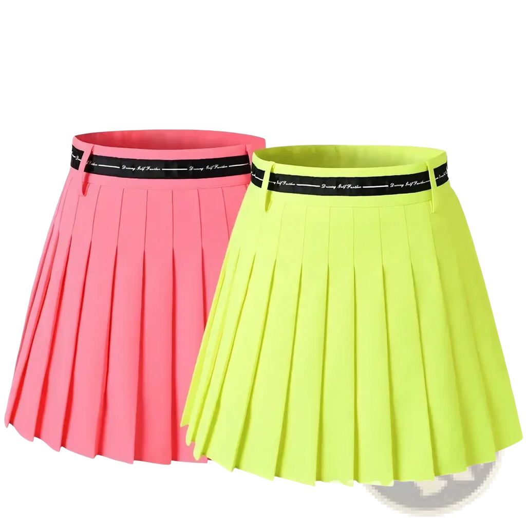 Women pleated athletic skorts in pink and lime green with black elastic waistbands and white text high waist golf skirts
