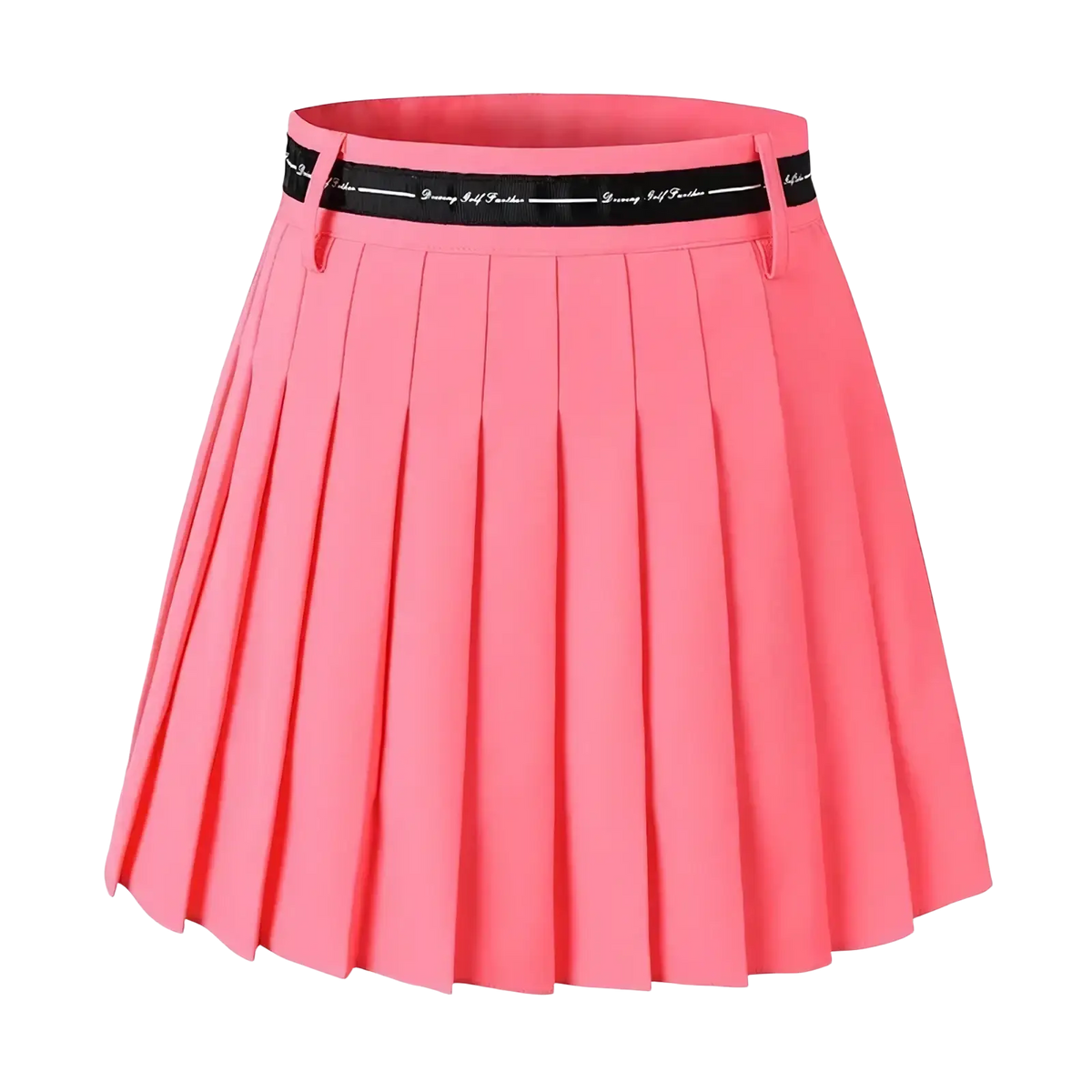 A vibrant pink pleated high waist athletic skort with a black waistband featuring white text for women golf use
