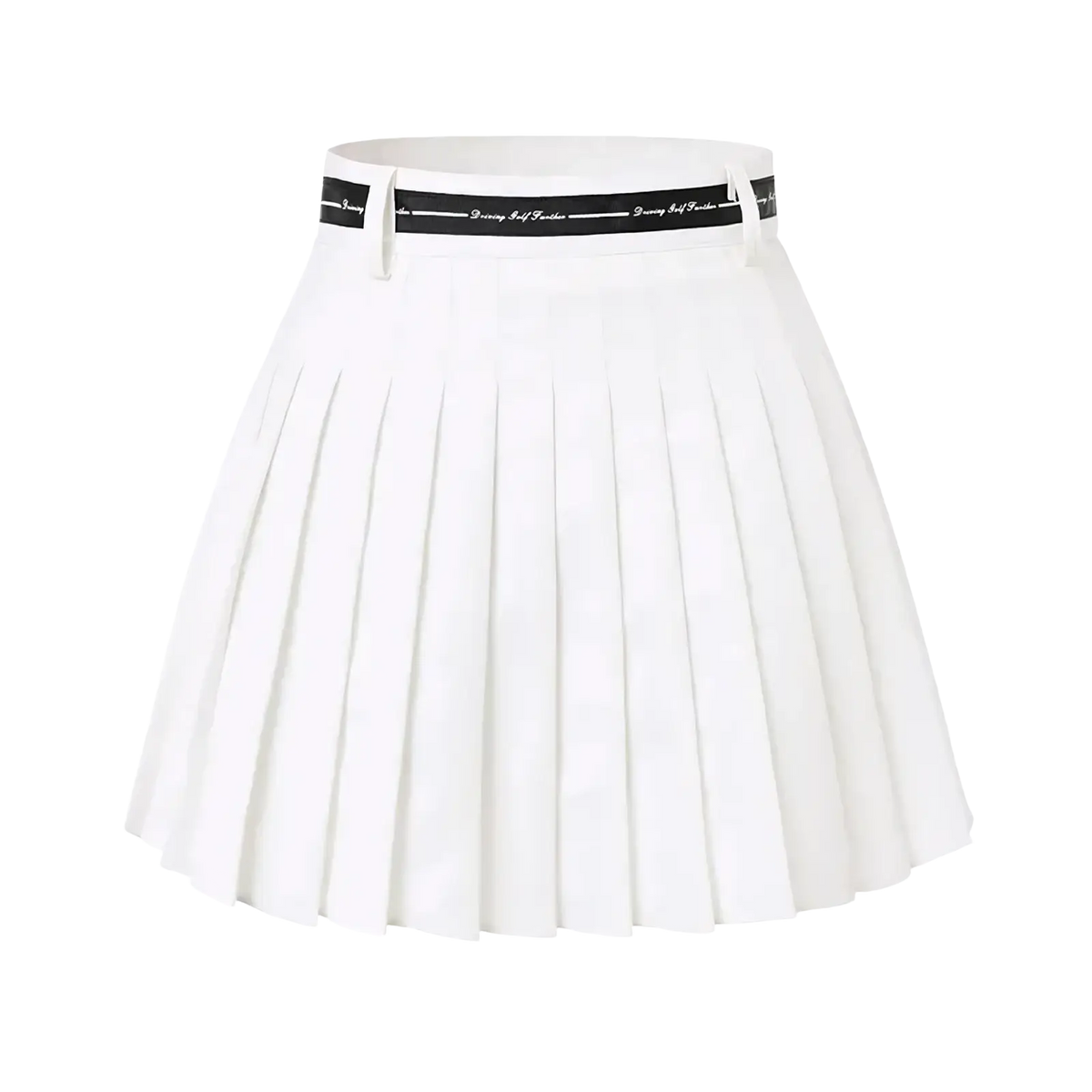 White pleated athletic skort with high waist and black belt featuring white text for women golfwear
