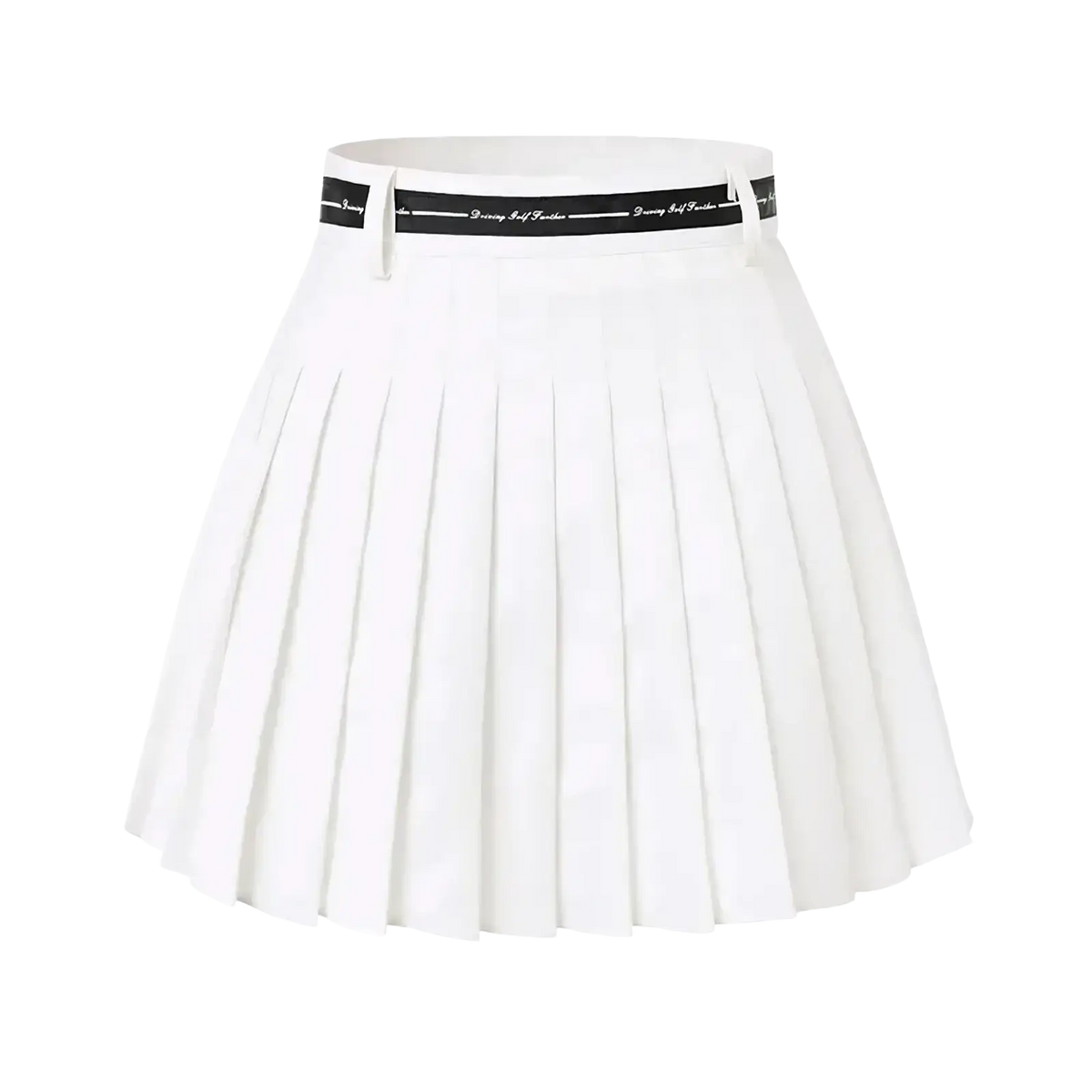 White pleated athletic skort with a high waist black waistband featuring white text for women’s golf use