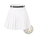 White pleated athletic skort with high waist and black belt featuring white text for women golfwear