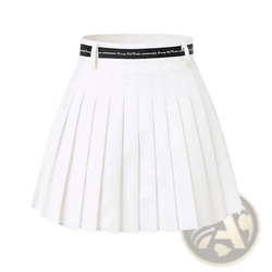 White pleated athletic skort with high waist and black belt featuring white text for women golfwear