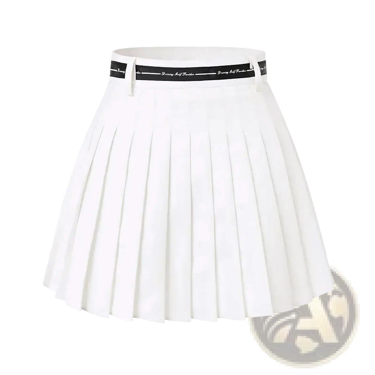 White pleated athletic skort with high waist and black belt featuring white text for women golfwear
