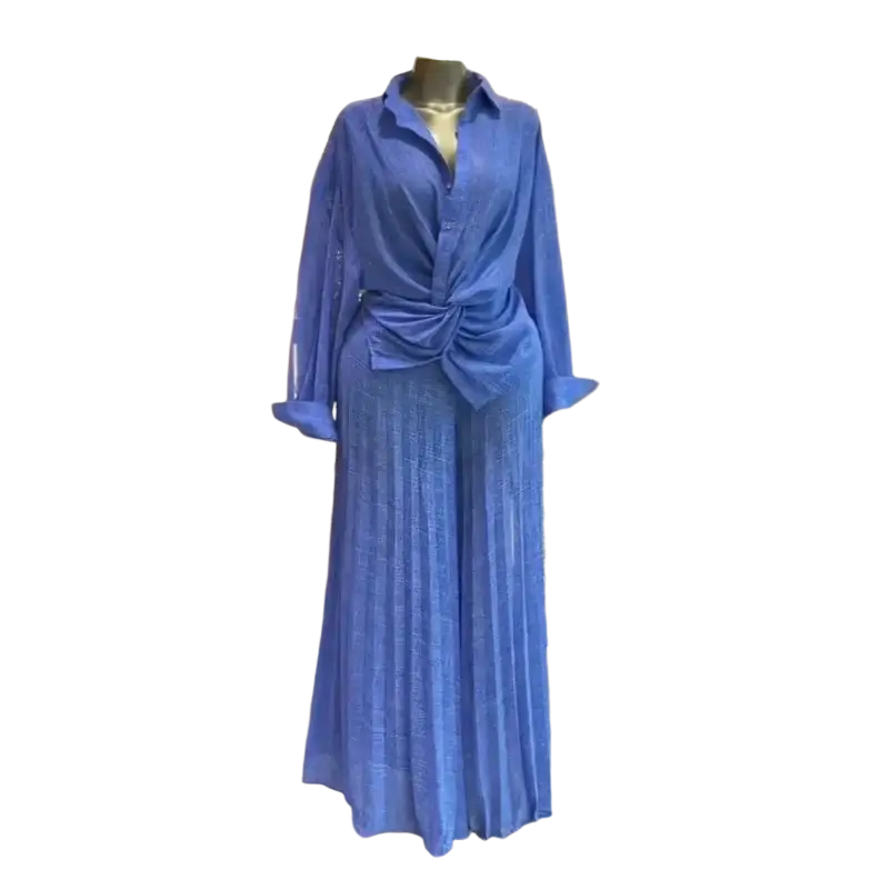 Blue two-piece women pleated wide leg pant set with button-up long sleeve shirt featuring front knot detail
