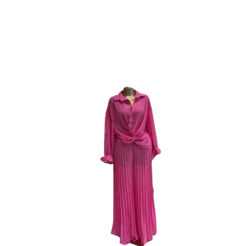 A vibrant pink long-sleeved button-up blouse with knotted front detail paired with pleated wide leg pants set