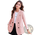 Women plus size double breasted blazer in soft pink with black buttons and subtle embroidered detail on left lapel