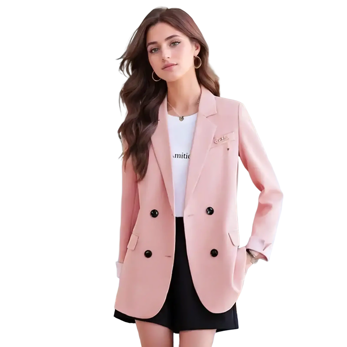 Women plus size soft pink double breasted blazer with black buttons and subtle brooch on left lapel