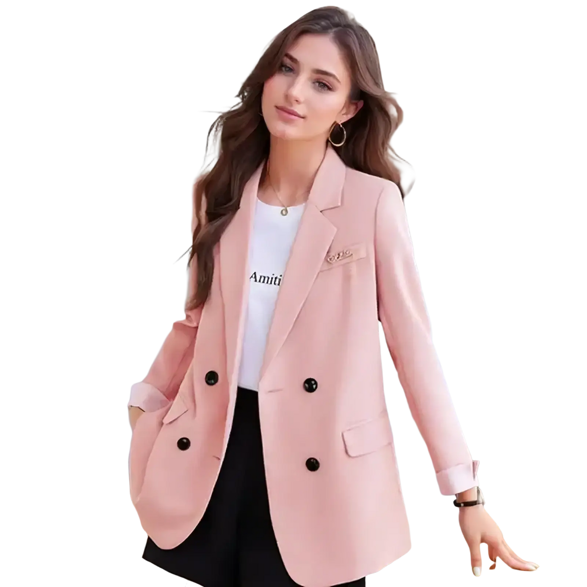 Women plus size double breasted blazer in soft pink with black buttons and subtle embroidered detail on left lapel