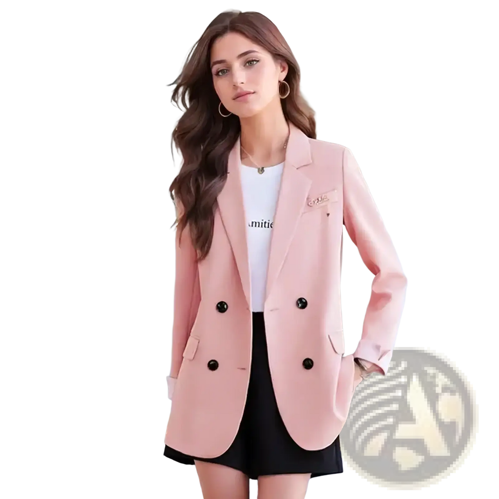 Women plus size soft pink double breasted blazer with black buttons and subtle brooch on left lapel