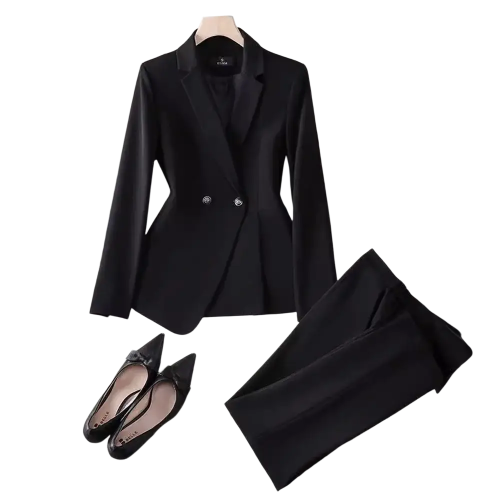 Women plus size black double breasted blazer suit with sleek fabric and silver buttons for formal wear