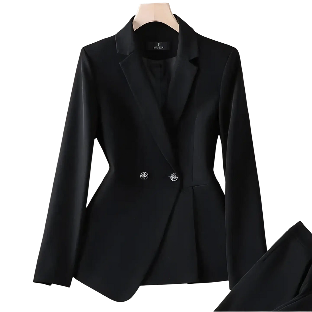 Women plus size double breasted blazer suit in black with sleek satin finish and silver toned buttons