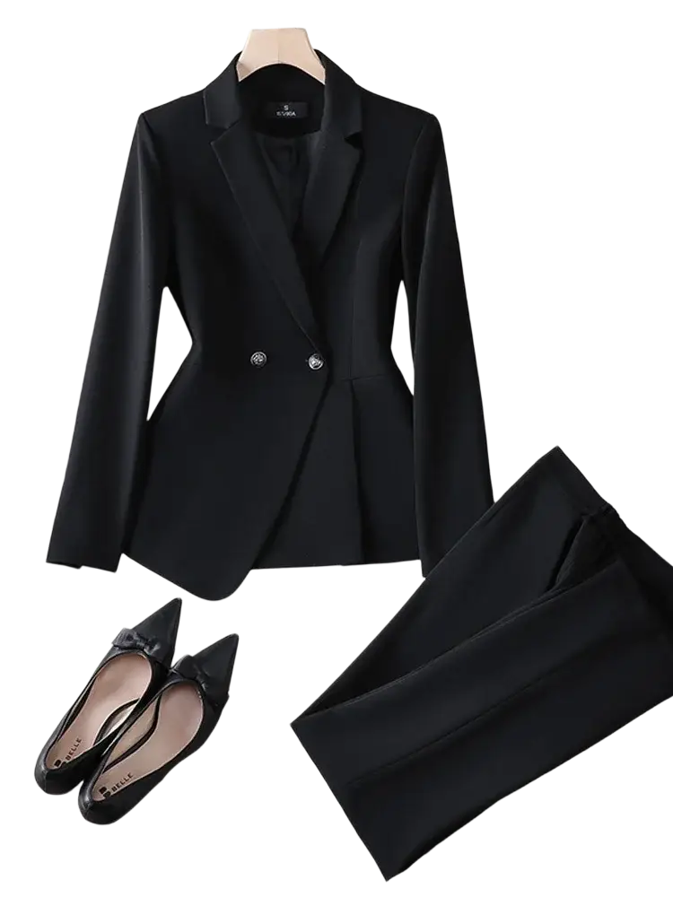 Women plus size double breasted black blazer suit with silver buttons and tailored fit for formal occasions