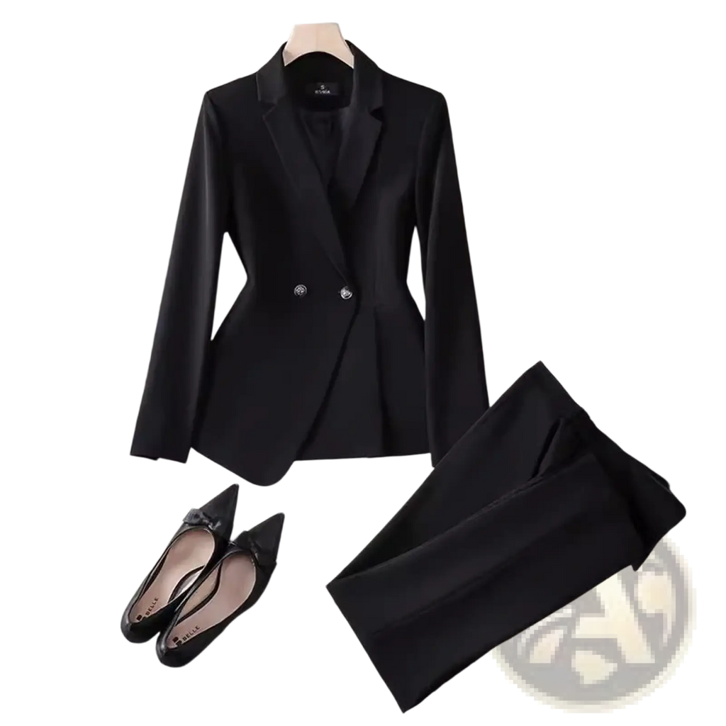 Women plus size black double breasted blazer suit with sleek fabric and silver buttons for formal wear