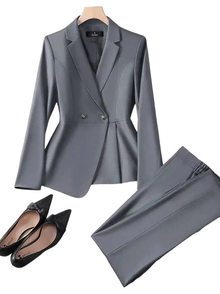 Women plus size gray double breasted blazer suit with peplum hem and silver buttons in tailored fabric