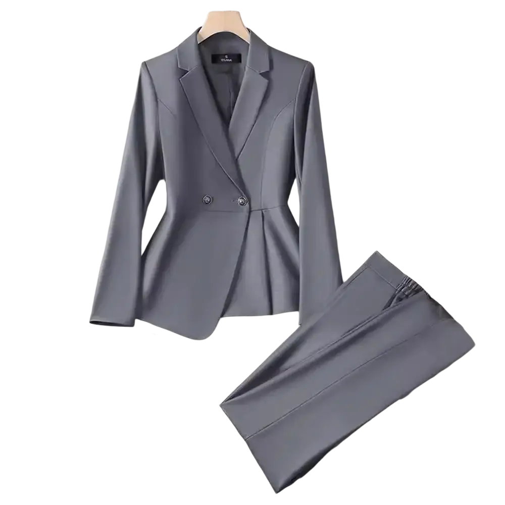 Women plus size gray double breasted blazer with peplum hem and silver buttons for formal wear