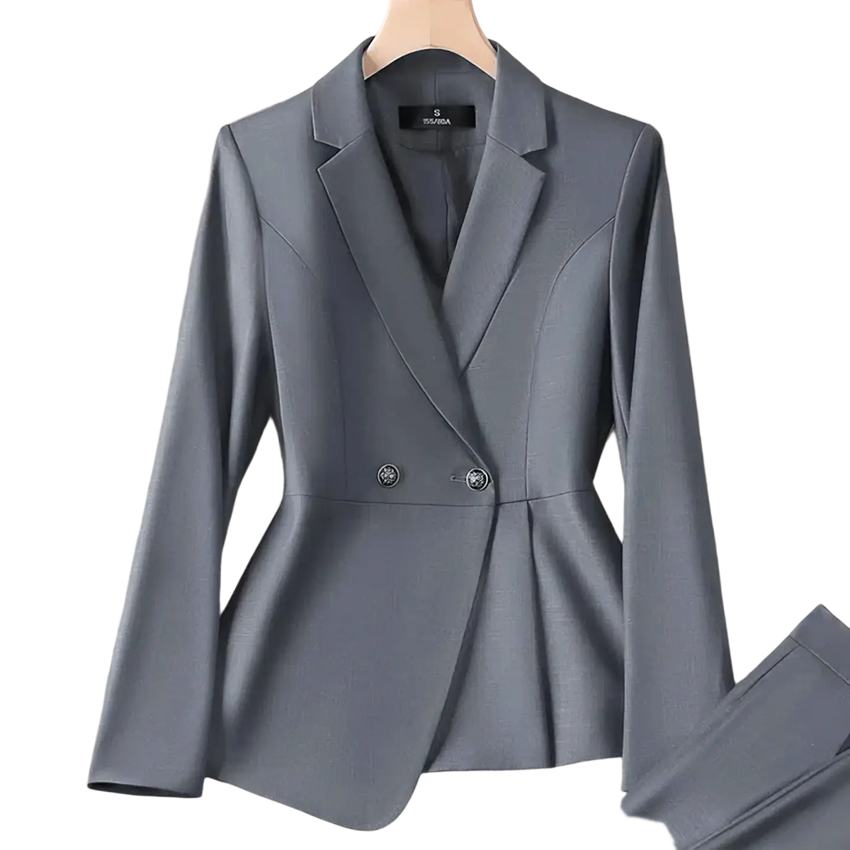 Women plus size gray double breasted blazer suit with peplum hem and decorative buttons in tailored fabric