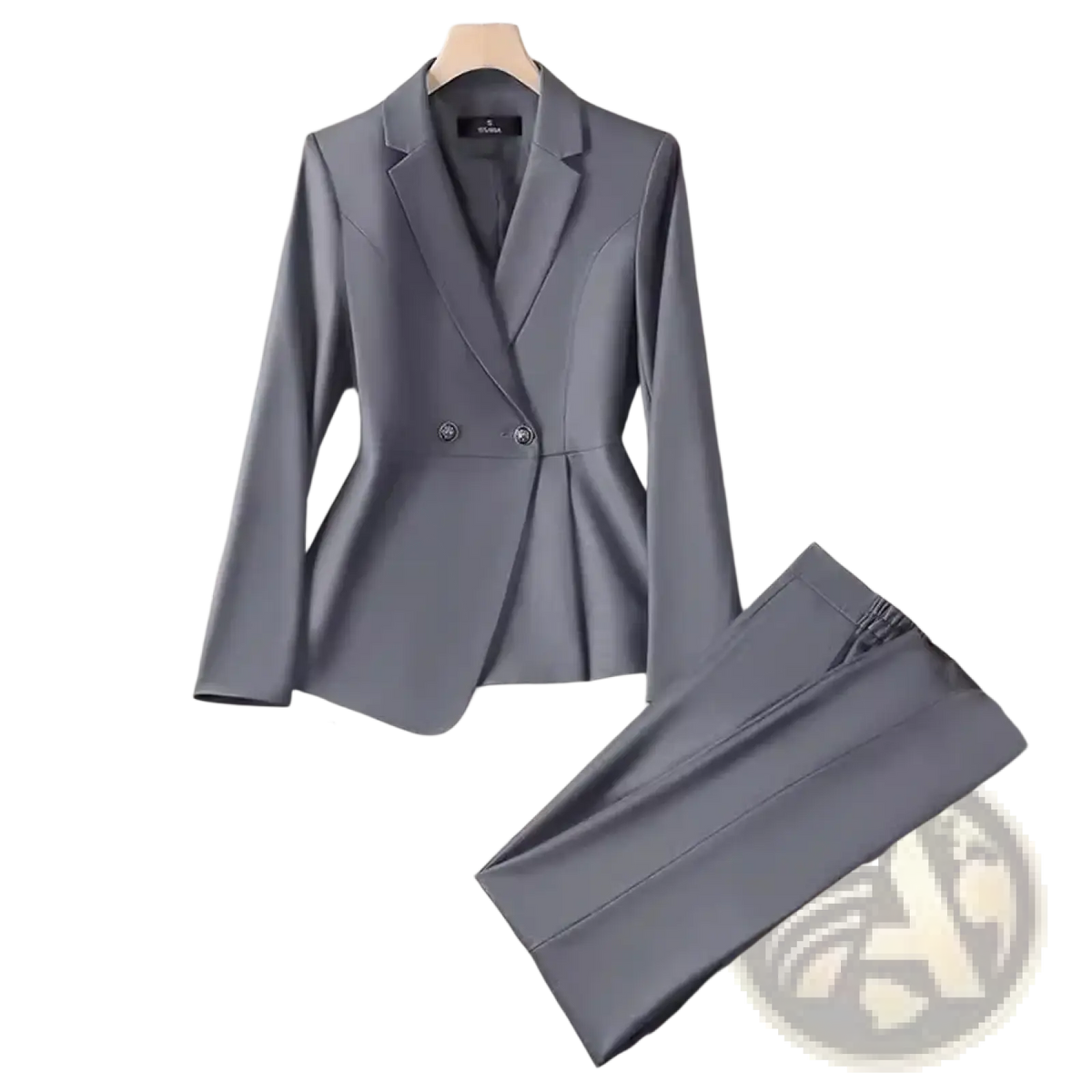 Women plus size gray double breasted blazer with peplum hem and silver buttons for formal wear