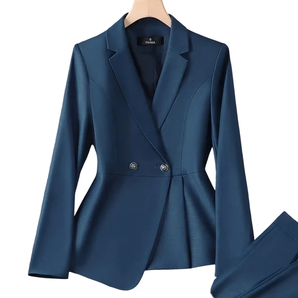 Women plus size navy blue double breasted blazer suit with peplum hem and decorative buttons in formal fabric
