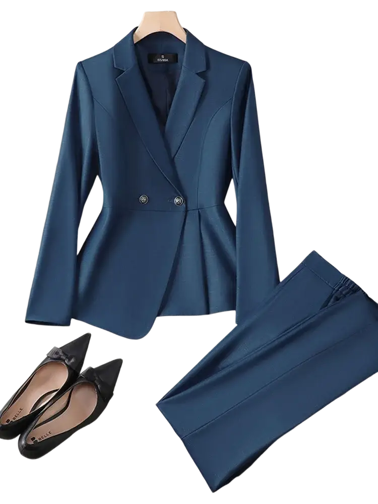 Women plus size navy blue double breasted blazer suit with peplum hem and silver buttons for formal wear