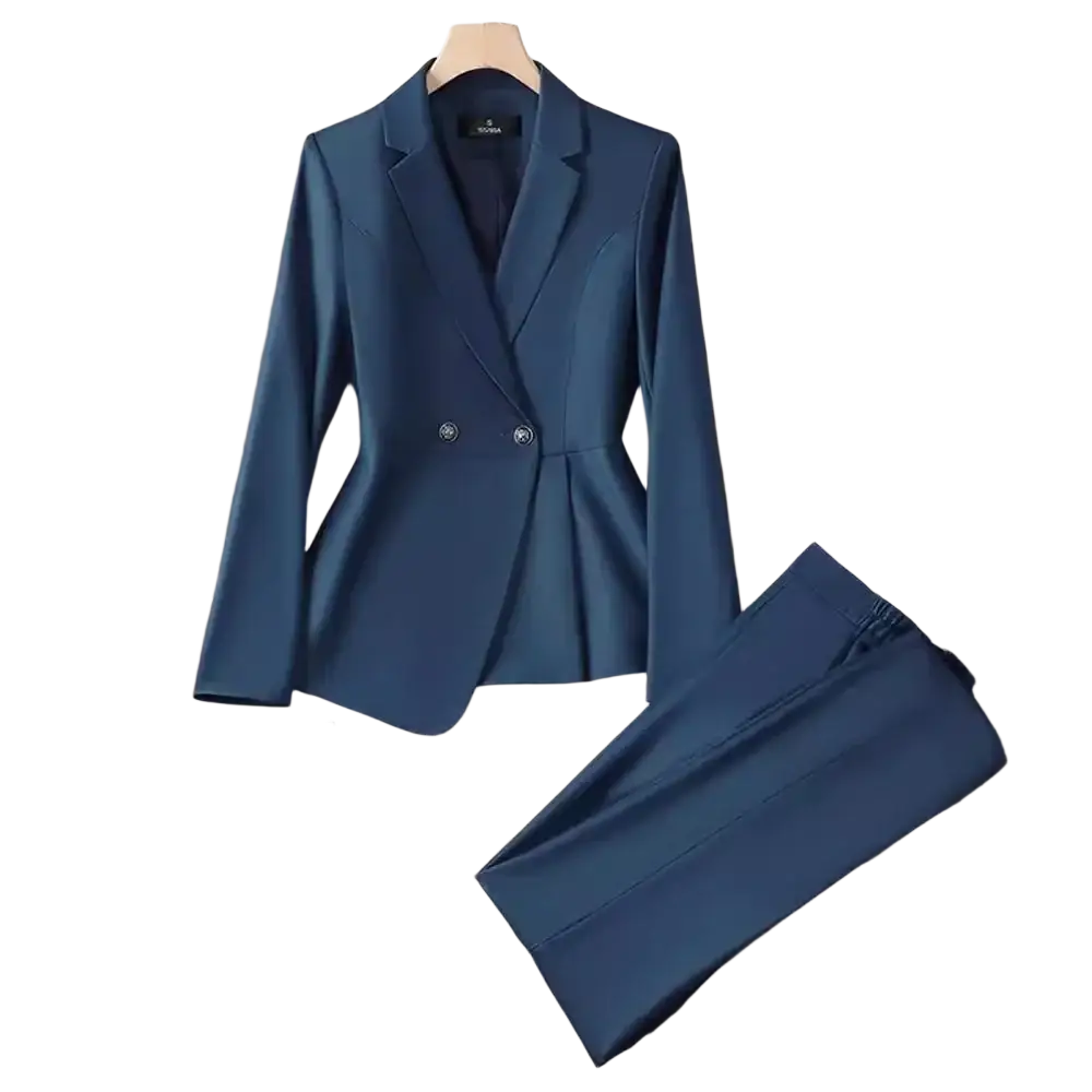 Navy blue women plus size double breasted blazer suit with peplum hem and silver buttons in formal fabric